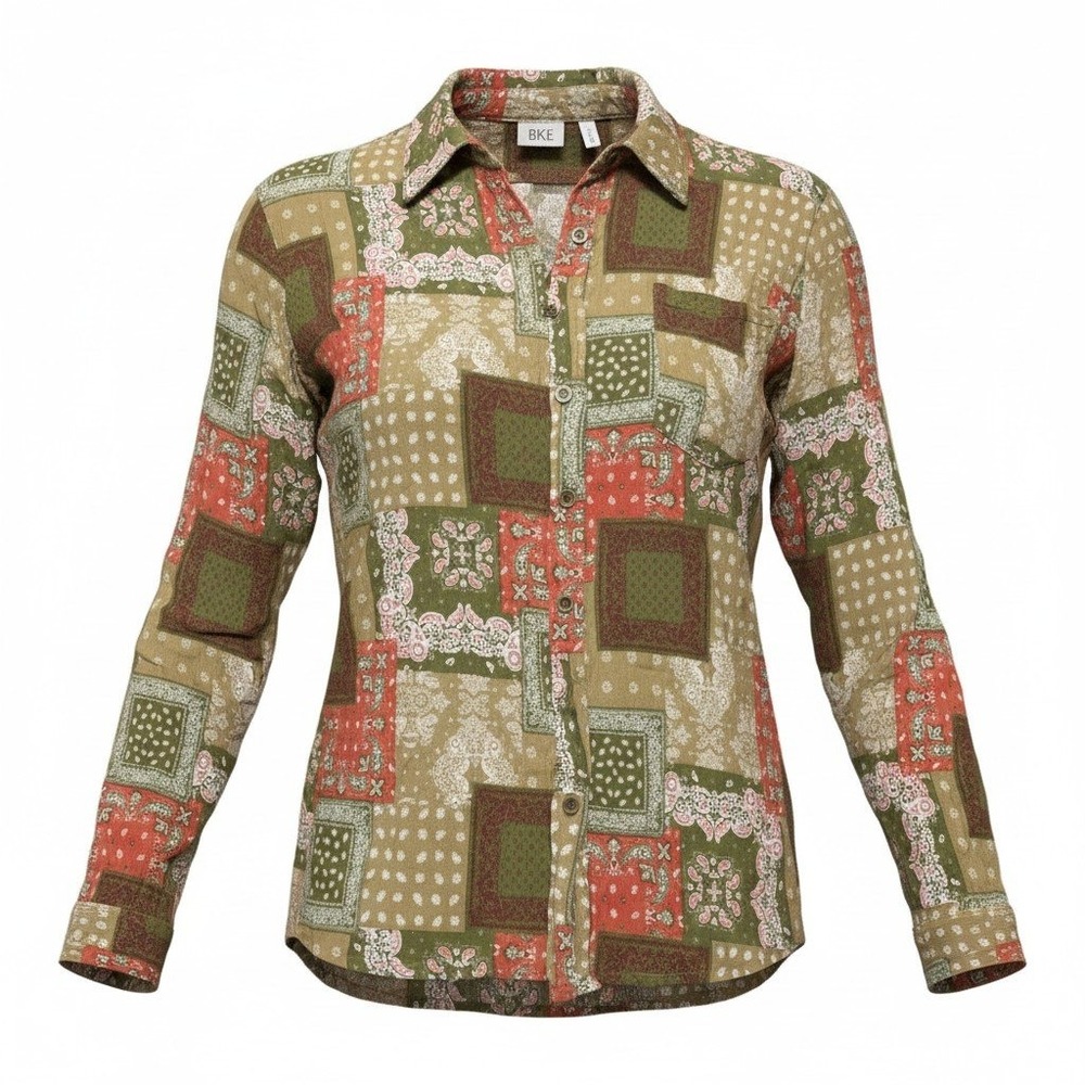 BKE Boyfriend Shirt Womens XL Green Viscose Rayon Patchwork Paisley Button Up